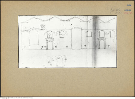 Vorderseite von Kunstbibliothek [https://www.deutsche-digitale-bibliothek.de/content/lizenzen/rv-ez/] Codex Destailleur DDiocletians-Thermen: Aufriss der Außenwand und Skizze mit Säulenarkaden - Detail linke Seite, bh139673_recto. Foto.