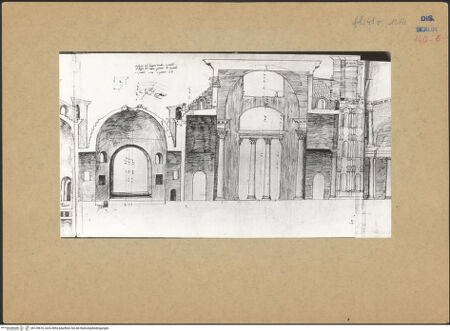 Vorderseite von Kunstbibliothek [https://www.deutsche-digitale-bibliothek.de/content/lizenzen/rv-ez/] Codex Destailleur DDiocletians-Thermen: Schnitt durch die Thermenanlage mit Detailskizzen - Detail Mitte, bh139676_recto. Foto.