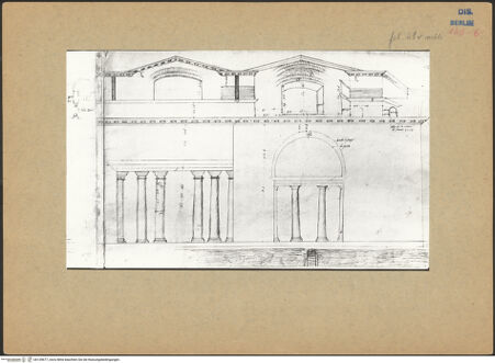Vorderseite von Kunstbibliothek [https://www.deutsche-digitale-bibliothek.de/content/lizenzen/rv-ez/] Codex Destailleur DDiocletians-Thermen: Aufriss und Schnitt durch die Thermenanlage - linkes Drittel, bh139677_recto. Foto.