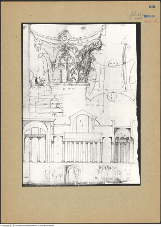 Vorderseite von Kunstbibliothek [https://www.deutsche-digitale-bibliothek.de/content/lizenzen/rv-ez/] Codex Destailleur DDiocletians-Thermen: Schnitt durch die Anlage (Frigidarium?), Details und Maße zu einem Konsolgesims und einem Kapitell - rechte Blatthälfte, bh139680_recto. Foto.