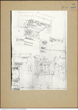 Vorderseite von Kunstbibliothek [https://www.deutsche-digitale-bibliothek.de/content/lizenzen/rv-ez/] Codex Destailleur DDiocletians-Thermen: Schnitt durch den Hauptbau der Anlage und Details und Maße zu einem Konsolgesims und einem Kapitell - linkesTeilblatt, bh139681_recto. Foto.