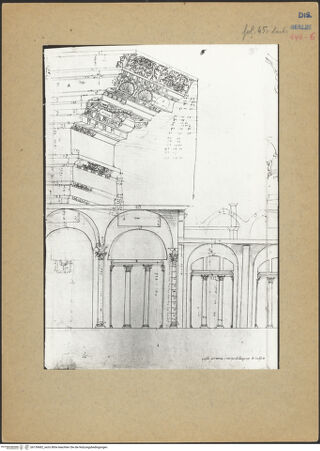 Vorderseite von Kunstbibliothek [https://www.deutsche-digitale-bibliothek.de/content/lizenzen/rv-ez/] Codex Destailleur DDiocletians-Thermen: Schnitt durch die Anlage (Frigidarium?), Details und Maße zu einem Konsolgesims und einem Kapitell - linke Blatthälfte, bh139682_recto. Foto.