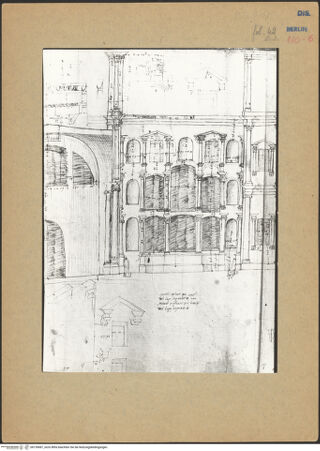 Vorderseite von Kunstbibliothek [https://www.deutsche-digitale-bibliothek.de/content/lizenzen/rv-ez/] Codex Destailleur DDiocletians-Thermen: Innenaufriss-Skizze der Außenwand und Details - linkes Teilblatt, bh139687_recto. Foto.
