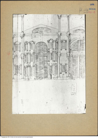 Vorderseite von Kunstbibliothek [https://www.deutsche-digitale-bibliothek.de/content/lizenzen/rv-ez/] Codex Destailleur DDiocletians-Thermen: Innenaufriss-Skizze der Außenwand und Details - rechtes Teilblatt, bh139688_recto. Foto.