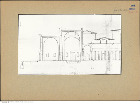 Vorderseite von Kunstbibliothek [https://www.deutsche-digitale-bibliothek.de/content/lizenzen/rv-ez/] Codex Destailleur DDiocletians-Thermen: Schnitt durch mehrere Räume und den Porticushof mit unterschiedlichem Bodenniveau - linkes Teilblatt, bh139691_recto. Foto.