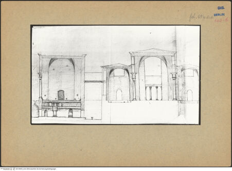 Vorderseite von Kunstbibliothek [https://www.deutsche-digitale-bibliothek.de/content/lizenzen/rv-ez/] Codex Destailleur DDiocletians-Thermen: Schnitt durch mehrere Räume - linkes Teilblatt, bh139693_recto. Foto.