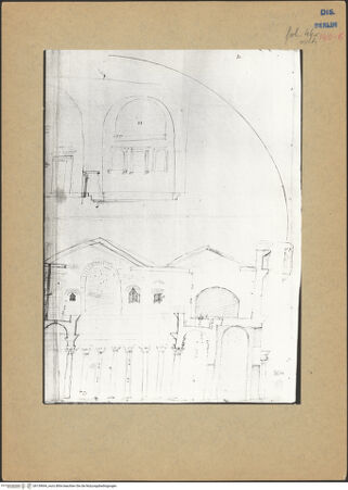 Vorderseite von Kunstbibliothek [https://www.deutsche-digitale-bibliothek.de/content/lizenzen/rv-ez/] Codex Destailleur DDiocletians-Thermen: Schnitt durch drei gewölbte Räume sowie durch mehrere Räume und den Portikushof - rechtes Teilblatt, bh139694_recto. Foto.