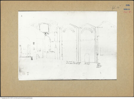 Vorderseite von Kunstbibliothek [https://www.deutsche-digitale-bibliothek.de/content/lizenzen/rv-ez/] Codex Destailleur DDiocletians-Thermen: Teilschnitt einer Baugruppe (Tepidarium?) mit abschüssigem Bodenniveau - , bh139697_recto. Foto.