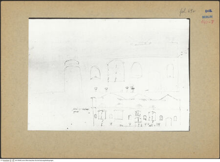 Vorderseite von Kunstbibliothek [https://www.deutsche-digitale-bibliothek.de/content/lizenzen/rv-ez/] Codex Destailleur DDiocletians-Thermen: Aufriss der Haupteingangsfassade - , bh139698_recto. Foto.
