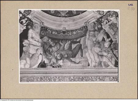 Vorderseite von ICCD [https://www.deutsche-digitale-bibliothek.de/content/lizenzen/rv-ez/] Allegorie der Felicità Eterna, throndende Tugenden und vier Szenen aus dem Alten TestamentHolofernes wird von Judith mit seinem eigenen Schwert enthauptet - , bh139808_recto. Foto.