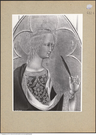 Vorderseite von ICCD [https://www.deutsche-digitale-bibliothek.de/content/lizenzen/rv-ez/] Heilige Scholastica mit kniendem Stifter; Heilige Monika - Heilige Katharina, Detail: Oberkörper, bh139820_recto. Foto.