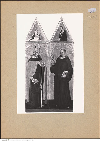 Vorderseite von ICCD [https://www.deutsche-digitale-bibliothek.de/content/lizenzen/rv-ez/] Heiliger Augustinus mit kniendem Stifter; heiliger Nikolaus von Tolentino - Gesamtansicht, bh140857_recto. Foto.