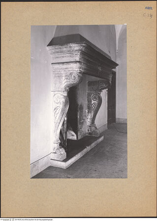 Vorderseite von Bibliotheca Hertziana [https://www.deutsche-digitale-bibliothek.de/content/lizenzen/rv-fz/] Kamin mit einem Portraitmedaillon Kaiser Karls V. - Seitenansicht von links, bh144035_recto. Foto.