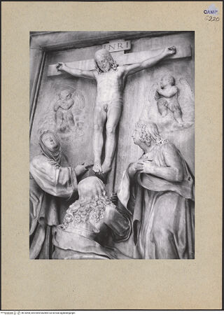 Vorderseite von Blak [https://www.deutsche-digitale-bibliothek.de/content/lizenzen/rv-ez/] Der Gekreuzigte mit Maria, Magdalena und Johannes - Teilansicht von unten, bh144490_recto. Foto.