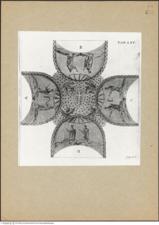Vorderseite von Bibliotheca Hertziana [https://www.deutsche-digitale-bibliothek.de/content/lizenzen/rv-fz/] Joannis Ciampini Romani, Vetera monimenta, in quibus praecipue musiva opera sacrarum, profanarumque aedium structura, ac nonnulli antiqui ritus dissertationibus, iconibusque illustrantur. Prima pars: a primo Christi saeculo ad quintum. Praecedit vita auctoris, nunc primum ipsius operibus addita, Romae 1747. Sumptibus Caroli Giannini (...), Ex typographia KomarekTab. LXV: Ravenna, Mausoleum der Galla Placidia, Kuppelmosaik - Gesamtansicht, bh144540_recto. Foto.