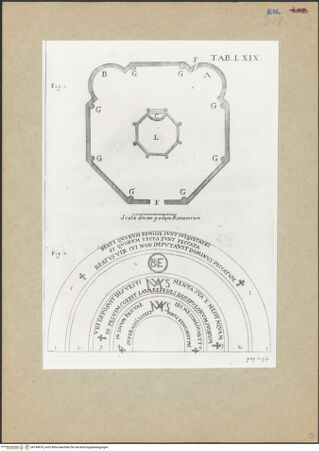 Vorderseite von Bibliotheca Hertziana [https://www.deutsche-digitale-bibliothek.de/content/lizenzen/rv-fz/] Joannis Ciampini Romani, Vetera monimenta, in quibus praecipue musiva opera sacrarum, profanarumque aedium structura, ac nonnulli antiqui ritus dissertationibus, iconibusque illustrantur. Prima pars: a primo Christi saeculo ad quintum. Praecedit vita auctoris, nunc primum ipsius operibus addita, Romae 1747. Sumptibus Caroli Giannini (...), Ex typographia KomarekTab. LXIX: Fig.1: Ravenna, San Giovanni in Fonte, Grundriss; Fig. 2: Archivolten mit Inschriften - Gesamtansicht, bh144874_recto. Foto.