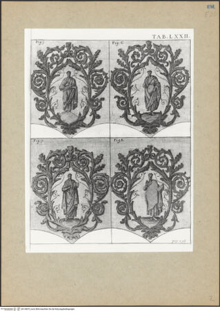 Vorderseite von Bibliotheca Hertziana [https://www.deutsche-digitale-bibliothek.de/content/lizenzen/rv-fz/] Joannis Ciampini Romani, Vetera monimenta, in quibus praecipue musiva opera sacrarum, profanarumque aedium structura, ac nonnulli antiqui ritus dissertationibus, iconibusque illustrantur. Prima pars: a primo Christi saeculo ad quintum. Praecedit vita auctoris, nunc primum ipsius operibus addita, Romae 1747. Sumptibus Caroli Giannini (...), Ex typographia KomarekTab. LXXII: Ravenna, San Giovanni in Fonte, Baptisterium der Orthodoxen: Vier Propheten in aus Akanthusranken geformten Medaillons - Gesamtansicht, bh144875_recto. Foto.