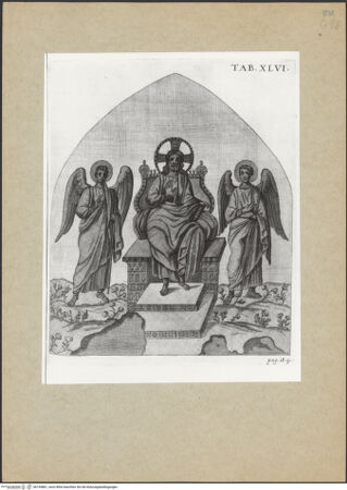 Vorderseite von Bibliotheca Hertziana [http://creativecommons.org/publicdomain/mark/1.0/] Joannis Ciampini Romani, Vetera monimenta, in quibus praecipue musiva opera sacrarum, profanarumque aedium structura, ac nonnulli antiqui ritus dissertationibus, iconibusque illustrantur. Prima pars: a primo Christi saeculo ad quintum. Praecedit vita auctoris, nunc primum ipsius operibus addita, Romae 1747. Sumptibus Caroli Giannini (...), Ex typographia KomarekTab. XLVI: Ravenna, Sant'Agata Maggiore, Mosaik, Christus Pantokrator zwischen zwei Engeln - Gesamtansicht, bh144881_recto. Foto.
