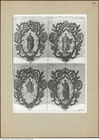 Vorderseite von Bibliotheca Hertziana [https://www.deutsche-digitale-bibliothek.de/content/lizenzen/rv-fz/] Joannis Ciampini Romani, Vetera monimenta, in quibus praecipue musiva opera sacrarum, profanarumque aedium structura, ac nonnulli antiqui ritus dissertationibus, iconibusque illustrantur. Prima pars: a primo Christi saeculo ad quintum. Praecedit vita auctoris, nunc primum ipsius operibus addita, Romae 1747. Sumptibus Caroli Giannini (...), Ex typographia KomarekTab. LXXI: Ravenna, San Giovanni in Fonte, Baptisterium der Orthodoxen: Vier Propheten in aus Akanthusranken geformten Medaillons - Gesamtansicht, bh144885_recto. Foto.