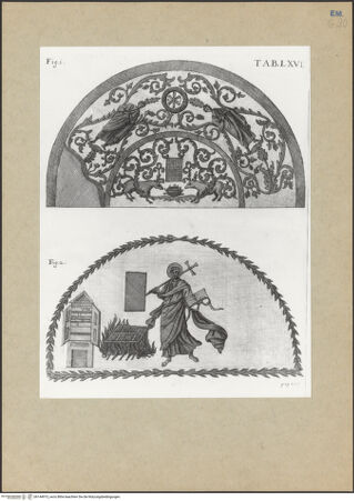 Vorderseite von Bibliotheca Hertziana [https://www.deutsche-digitale-bibliothek.de/content/lizenzen/rv-fz/] Joannis Ciampini Romani, Vetera monimenta, in quibus praecipue musiva opera sacrarum, profanarumque aedium structura, ac nonnulli antiqui ritus dissertationibus, iconibusque illustrantur. Prima pars: a primo Christi saeculo ad quintum. Praecedit vita auctoris, nunc primum ipsius operibus addita, Romae 1747. Sumptibus Caroli Giannini (...), Ex typographia KomarekTab. LXVI: Ravenna, Mausoleum der Galla Placidia. Lünetten: Fig.1: Zwei männliche Figuren in einer Weinranke, Christusmonogram, Hl. Laurentius neben dem Feuerrost mit Kreuzstab und geöffneten Buch sowie einem Schrank mit Evangelien - Gesamtansicht, bh144915_recto. Foto.