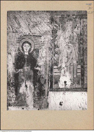 Vorderseite von Bibliotheca Hertziana [https://www.deutsche-digitale-bibliothek.de/content/lizenzen/rv-fz/] VotivfreskenKreuzigung Christi und Heiligendarstellungen - Detail: Maria Orans und Johannes der Evangelist, bh145705_recto. Foto.