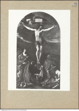 Vorderseite von unbekannt [https://www.deutsche-digitale-bibliothek.de/content/lizenzen/rv-fz/] Kreuzigung Christi mit Maria, Maria Magdalena, Johannes und dem heiligen Prospero - , bh146605_recto. Foto.