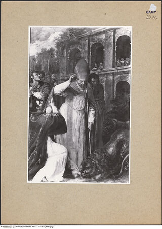 Vorderseite von ICCD [https://www.deutsche-digitale-bibliothek.de/content/lizenzen/rv-ez/] Heiliger Januarius und seine Gefährten werden in der Arena den Löwen zum Fraß vorgeworfen - Gesamtansicht, bh147428_recto. Foto.