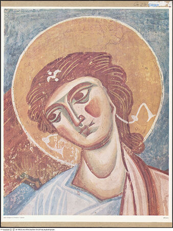 Vorderseite von unbekannt [https://www.deutsche-digitale-bibliothek.de/content/lizenzen/rv-fz/] Jüngstes GerichtDrei Engel mit Spruchbändern - Linker Engel, Detail: Kopf und Schultern, bh148923_recto. Foto.