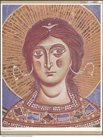 Vorderseite von unbekannt [https://www.deutsche-digitale-bibliothek.de/content/lizenzen/rv-ez/] Majestas Domini mit Evangelistensymbolen, Erzengeln, Stifter und HeiligemMittleres Register: drei Erzengel zwischen dem Abt Desiderius von Montecassino und dem heiligen Benedikt von Nursia - Erzengel Michael, Detail: Kopf und Schultern, bh148936_recto. Foto.