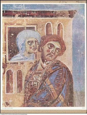 Vorderseite von unbekannt [https://www.deutsche-digitale-bibliothek.de/content/lizenzen/rv-fz/] Szenen aus dem Neuen Testament und ProphetenNordwand: Szenen aus dem Leben Christi und ProphetenUnteres Register: Passion und Erscheinungen ChristiHandwaschung des Pilatus und Kreuztragung - Handwaschung, Detail: obere Hälfte, bh148939_recto. Foto.