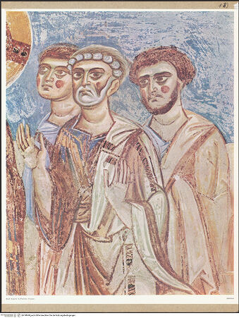 Vorderseite von unbekannt [https://www.deutsche-digitale-bibliothek.de/content/lizenzen/rv-fz/] Szenen aus dem Neuen Testament und ProphetenSüdwand: Szenen aus dem Leben Christi und ProphetenUnteres Register: Lehrtätigkeit Christi und Beginn der PassionMutter der Zebedäussöhne zu Füßen Jesu - Detail: Petrus und die beiden Zebedäussöhne, bh148940_recto. Foto.