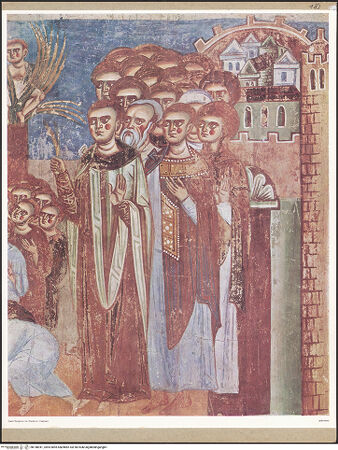 Vorderseite von unbekannt [https://www.deutsche-digitale-bibliothek.de/content/lizenzen/rv-fz/] Szenen aus dem Neuen Testament und ProphetenSüdwand: Szenen aus dem Leben Christi und ProphetenUnteres Register: Lehrtätigkeit Christi und Beginn der PassionEinzug in Jerusalem - Detail: rechte Figurengruppe, bh148941_recto. Foto.