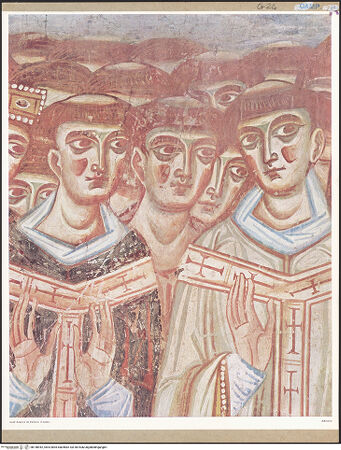 Vorderseite von unbekannt [https://www.deutsche-digitale-bibliothek.de/content/lizenzen/rv-fz/] Jüngstes GerichtAuserwählte und Verdammte - Gruppe der Auserwählten, Detail: Kleriker mit Tonsur, bh148942_recto. Foto.