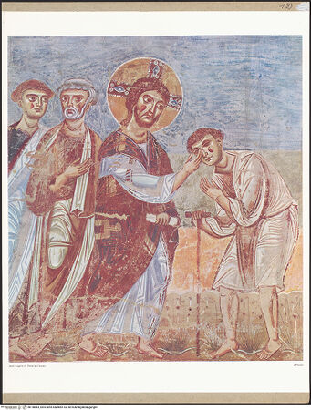 Vorderseite von unbekannt [https://www.deutsche-digitale-bibliothek.de/content/lizenzen/rv-fz/] Szenen aus dem Neuen Testament und ProphetenSüdwand: Szenen aus dem Leben Christi und ProphetenUnteres Register: Lehrtätigkeit Christi und Beginn der PassionHeilung des Blindgeborenen - Detail: linke Bildhälfte, bh148943_recto. Foto.