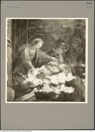 Vorderseite von Hutzel, Max [https://www.deutsche-digitale-bibliothek.de/content/lizenzen/rv-fz/] Zyklus mit Szenen des alten und des neuen TestamentsAnbetung der Hirten - Detail: Maria mit Christuskind, Ochse und Esel, bh152399_recto. Foto: Hutzel, Max.