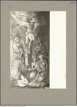 Vorderseite von Hutzel, Max [https://www.deutsche-digitale-bibliothek.de/content/lizenzen/rv-ez/] Kreuzigung Christi mit Maria, Magdalena, Johannes sowie den Heiligen Laurentius und Stephanus - Gesamtansicht (in leichter Schrägansicht), bh152417_recto. Foto: Hutzel, Max.