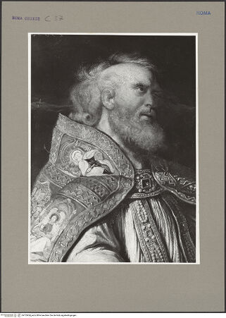 Vorderseite von ICCD [https://www.deutsche-digitale-bibliothek.de/content/lizenzen/rv-ez/] Die Heiligen Gregor der Große, Papianus und Maurus - Detail: Kopf des heiligen Papstes Gregor der Großen, bh153434_recto. Foto.