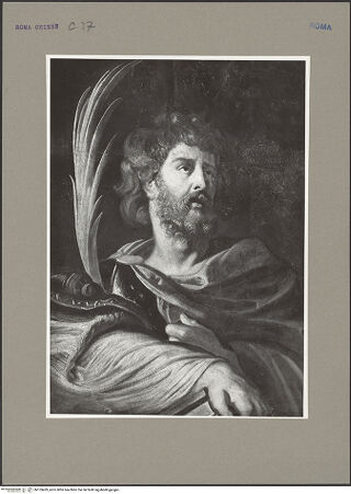 Vorderseite von ICCD [https://www.deutsche-digitale-bibliothek.de/content/lizenzen/rv-ez/] Die Heiligen Gregor der Große, Papianus und Maurus - Detail: Kopf des heiligen Papian, bh153439_recto. Foto.