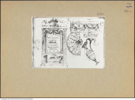 Vorderseite von Bibliotheca Hertziana [https://www.deutsche-digitale-bibliothek.de/content/lizenzen/rv-ez/] Skizzenbuch mit Grund- und Aufrissen römischer Bau- und KunstwerkeInschrift, Ornamente, Vase - , bh154098_recto. Foto.