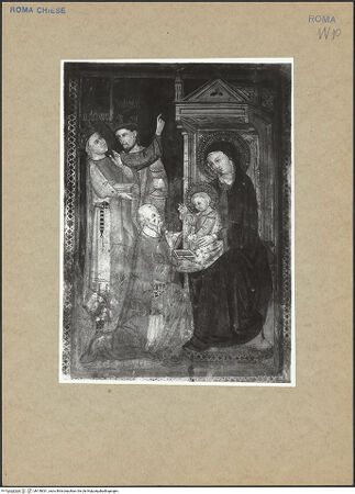 Vorderseite von ICCD [https://www.deutsche-digitale-bibliothek.de/content/lizenzen/rv-ez/] Anbetung der Könige; daneben vier Heilige, darunter Johannes der Täufer und Agnes - Detail: Anbetung, bh158331_recto. Foto.