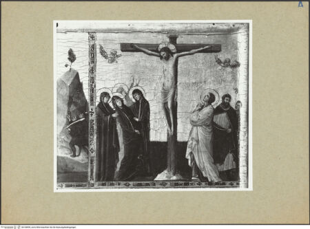 Vorderseite von ICCD [https://www.deutsche-digitale-bibliothek.de/content/lizenzen/rv-ez/] Teil eines Diptychons (Szenen aus dem Leben Christi: die Geburt Christi, die Kreuzigung, die Trauer um Christus, die Aufbrechung der Vorhölle, die Auferstehung Christi und die drei Marien am Grab, das Jüngste Gericht) - Detail: die Kreuzigung, bh158499_recto. Foto.