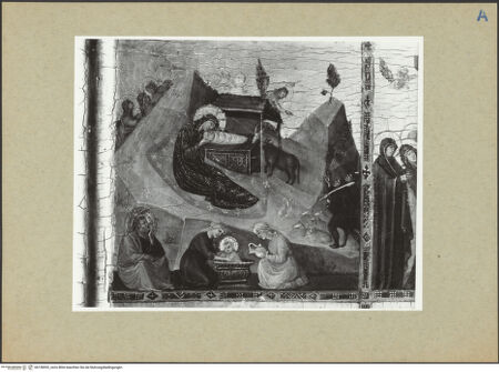 Vorderseite von ICCD [https://www.deutsche-digitale-bibliothek.de/content/lizenzen/rv-ez/] Teil eines Diptychons (Szenen aus dem Leben Christi: die Geburt Christi, die Kreuzigung, die Trauer um Christus, die Aufbrechung der Vorhölle, die Auferstehung Christi und die drei Marien am Grab, das Jüngste Gericht) - Detail: die Geburt Christi, Christuskind wird gebadet, die Verkündigung an die Hirten, bh158592_recto. Foto.