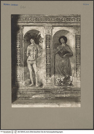 Vorderseite von ICCD [https://www.deutsche-digitale-bibliothek.de/content/lizenzen/rv-ez/] Madonna zwischen den Heiligen Modestus und Creszentia, darunter die Heiligen Vitus, Margarethe und Sebastian - Die Heiligen Margarethe und Sebastian, bh158945_recto. Foto.