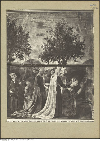 Vorderseite von Alinari [https://www.deutsche-digitale-bibliothek.de/content/lizenzen/rv-ez/] Die Kreuzlegende, Propheten und HeiligenRechte WandDie Königin von Saba und das Kreuzesholz - Die Königin von Saba in Anbetung des Kreuzholzes, Detail, bh159154_recto. Foto.