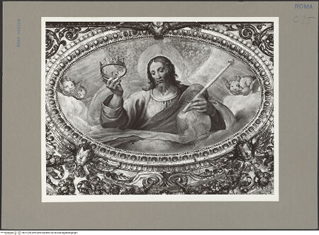 Vorderseite von Bibliotheca Hertziana [https://www.deutsche-digitale-bibliothek.de/content/lizenzen/rv-fz/] Szenen aus der Vita der heiligen SusannaApsiskalotte mit der Glorie der heiligen Susanna, Engeln und Christus, der die Märtyrerkrone hinabreicht - Detail: Christus, bh161299_recto. Foto: Rigamonti.