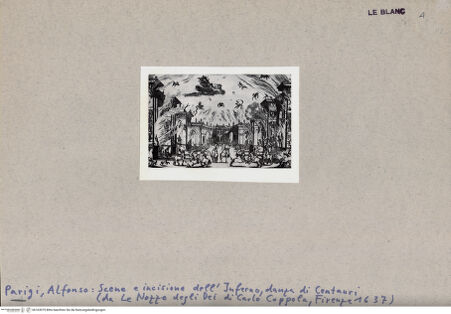 Vorderseite von  [http://creativecommons.org/publicdomain/mark/1.0/] Die Hölle: Tanz der Zentauren. (Aus C. Coppola, Le nozze degli dei, Firenze 1637) - , bh163979. Foto.