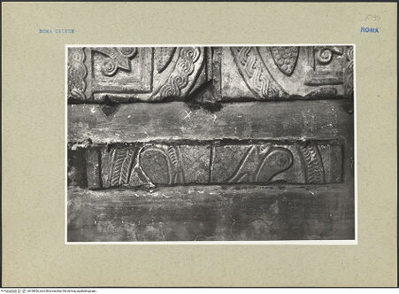Vorderseite von ICCD [https://www.deutsche-digitale-bibliothek.de/content/lizenzen/rv-ez/] Sammlung aus Flachreliefs und Fragmenten der ehemaligen Ausstattung - schmales Fragment mit Resten eines Kreisornaments unterhalb von Reliefplatte mit Kreisornament und Fragmente mit Kreisornamenten und vegetabilen Elementen, bh166926_recto. Foto.