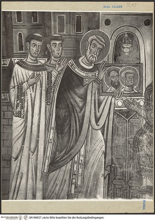 Vorderseite von ICCD [https://www.deutsche-digitale-bibliothek.de/content/lizenzen/rv-ez/] SilvesterlegendeDer heilige Silvester zeigt Konstantin die Bildnisse von Petrus und Paulus - Ausschnitt: Hl. Silvester mit den Bildnissen der Apostelfürsten, bh166927_recto. Foto.