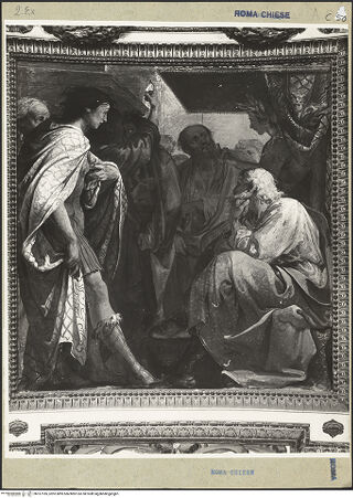 Vorderseite von ICCD [https://www.deutsche-digitale-bibliothek.de/content/lizenzen/rv-ez/] Freskenzyklus im ChorLeben und Martyrien der vier bzw. fünf gekrönten Bildhauer bzw. Steinmetze  aus PannonienDer Tribun Lampadius führt Kaiser Diokletian die Bildhauer vor - Gesamtansicht, bh167185_recto. Foto.