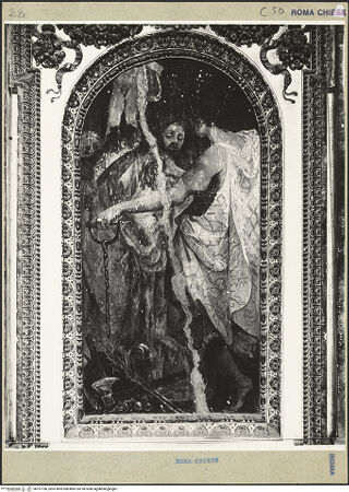 Vorderseite von ICCD [https://www.deutsche-digitale-bibliothek.de/content/lizenzen/rv-ez/] Freskenzyklus im ChorLeben und Martyrien der vier bzw. fünf gekrönten Bildhauer bzw. Steinmetze  aus PannonienDie Heiligen weigern sich, die Statue einer antiken Gottheit anzubeten - Gesamtansicht, bh167186_recto. Foto.